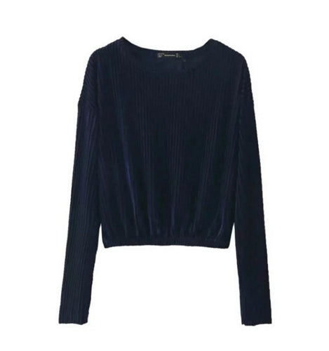 Vintage O neck Pleated Velet T-shirt Woman Short t shirt long sleeve tee Tops