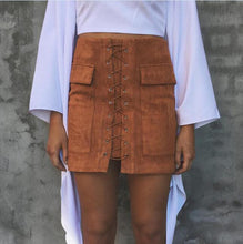 Vintage Pencil Bodycon Skirts Sexy Lace Up Women Mini Skirt Suede Empire Solid Pockets Club Wear M0676