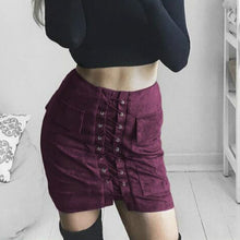 Vintage Pencil Bodycon Skirts Sexy Lace Up Women Mini Skirt Suede Empire Solid Pockets Club Wear M0676