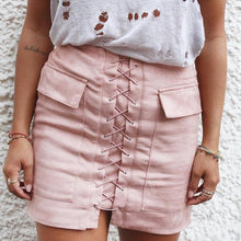 Vintage Pencil Bodycon Skirts Sexy Lace Up Women Mini Skirt Suede Empire Solid Pockets Club Wear M0676