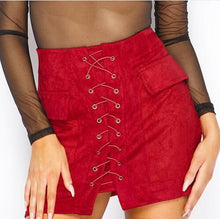Vintage Pencil Bodycon Skirts Sexy Lace Up Women Mini Skirt Suede Empire Solid Pockets Club Wear M0676