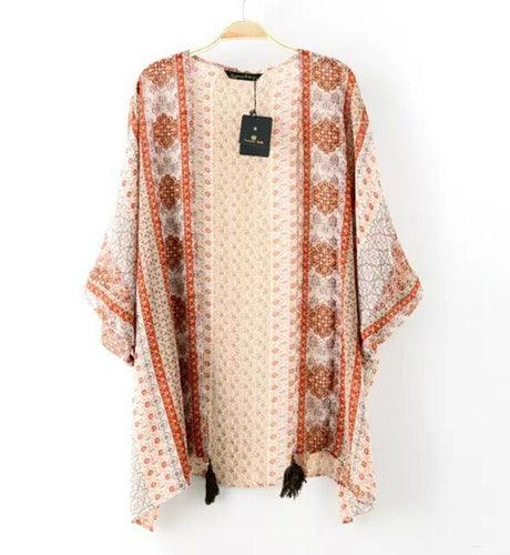 Vintage Position Floral Print 3/4 sleeve Tassel Kimono Shirt Middle Long Chiffon Cardigan Women Blouse Tops