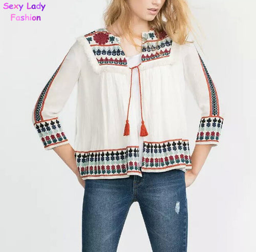 Vintage Retro Ethnic Embroidery Colorful Flower Tassels Linen Loose Cardigan Jacket Women's Kimono Jacket Sunscreen