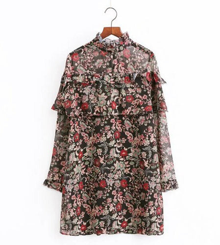 Vintage Ruffles Collar Floral Print Ruffles Dress Woman 3/4 Ruffled sleeve Chiffon Loose Short Dresses Femme