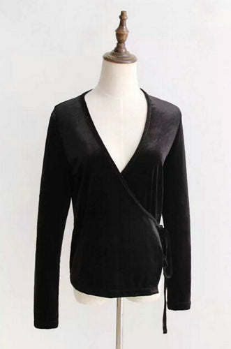 Vintage Sexy Cross Deep V Velet Tee Woman AA Slim fit Long Sleeve Bandage Velour T-Shirt 3 Color