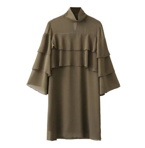 Vintage Stand Collar Ruffles Dress Woman 3/4 Flare sleeve Chiffon Loose Short Dresses Femme