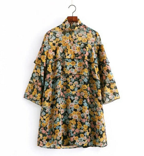 Vintage Stand Collar Yellow Floral Print Ruffles Dress Woman 3/4 Flare sleeve Chiffon Loose Short Dresses Femme