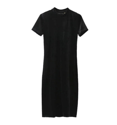 Vintage Stand collar Short sleeve Velvet Dress Women Retro Velour Mid Long Base Dress 3 colors