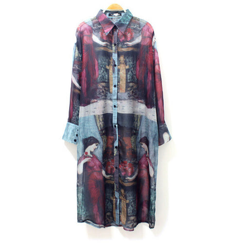 Vintage Street Painting Chiffon Shirt Graffiti Ancient Egypt Print 3/4 Sleeve Long Sunscreen Dress Blouse Tops loose