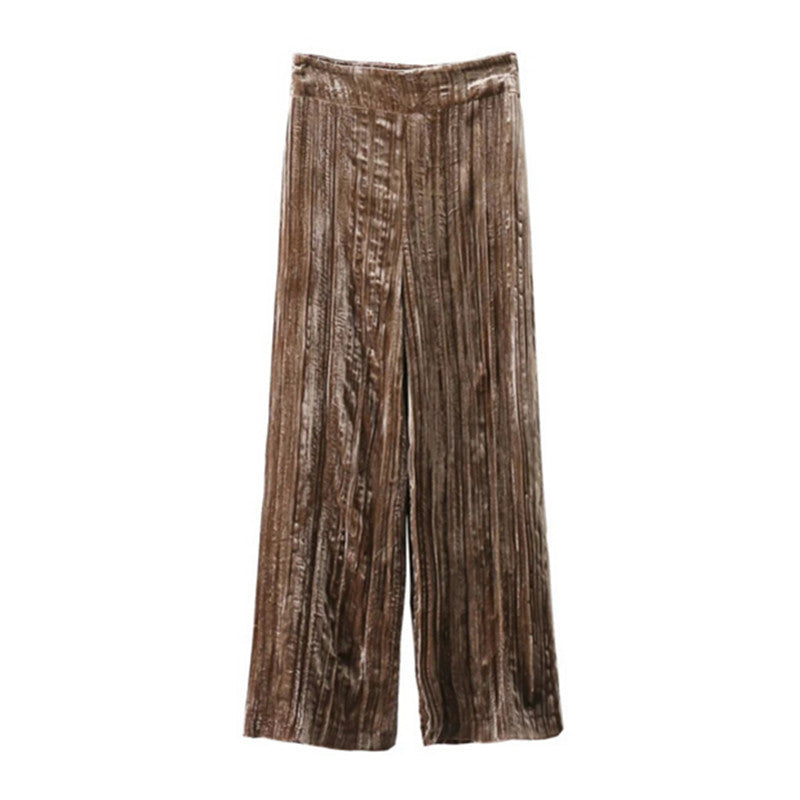 Vintage Velour Pleated Wide Leg Pants Woman Retro Velvet Full Length Trousers Femme Casual Pants