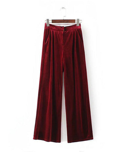 Vintage Velour Wide Leg Pants Woman Retro Velvet Zipper Fly Full Length Trousers Femme Casual Pants 5 colors S M L