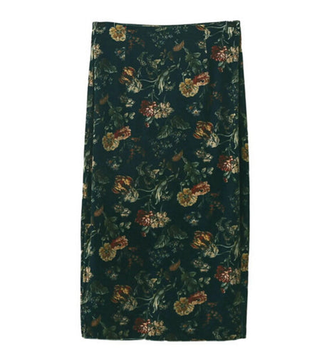Vintage Velvet High Waist Print floral Pencil Skirt Woman Velour Knee-length Package hips Skirts femme