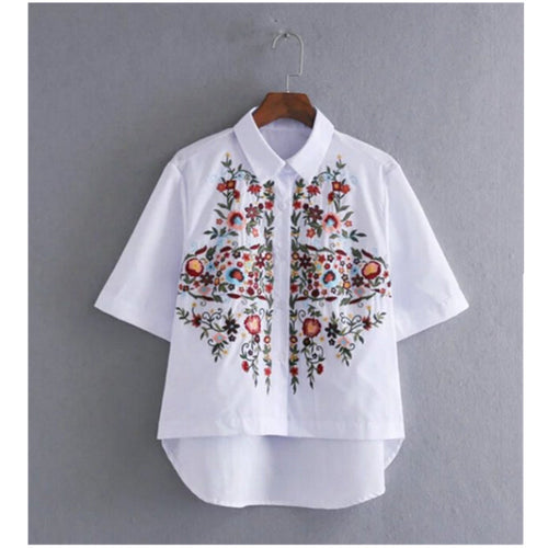 Vintage White Print Colored Flower Embroidery Shirt Lapel Short sleeve White Blouse Tops blusas chemise femme blusa