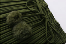 Vintage Wool blend Faux Fur Ball Sashes Midi Long Pleated Skirt Woman High Waist A line Skater Swing Skirts
