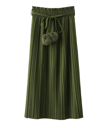 Vintage Wool blend Faux Fur Ball Sashes Midi Long Pleated Skirt Woman High Waist A line Skater Swing Skirts