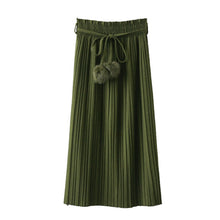 Vintage Wool blend Faux Fur Ball Sashes Midi Long Pleated Skirt Woman High Waist A line Skater Swing Skirts