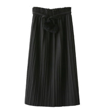 Vintage Wool blend Faux Fur Ball Sashes Midi Long Pleated Skirt Woman High Waist A line Skater Swing Skirts