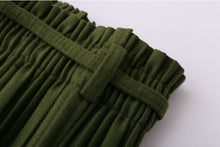 Vintage Wool blend Faux Fur Ball Sashes Midi Long Pleated Skirt Woman High Waist A line Skater Swing Skirts