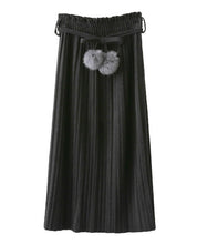 Vintage Wool blend Faux Fur Ball Sashes Midi Long Pleated Skirt Woman High Waist A line Skater Swing Skirts