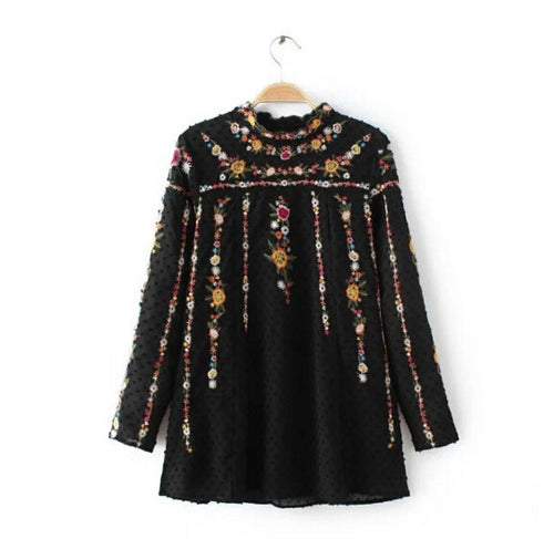Vintage ZA Colorful Floral Embroidery Back Button Chiffon T-Shirt Woman Stand Collar Pullover Long Sleeve Top Femme Black