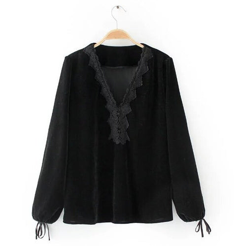 Vintage ZA Spliced Lace Deep V neck Velvet T-Shirt Woman Sexy Velour Pullover Long Sleeve Top Femme Black