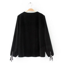 Vintage ZA Spliced Lace Deep V neck Velvet T-Shirt Woman Sexy Velour Pullover Long Sleeve Top Femme Black