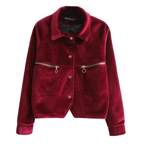 Vintage Zipper pockets Back Letter Velvet Jacket Woman Lapel Velour Pilot Jacket Short Coat Outerwear Tops Femme 4 colors