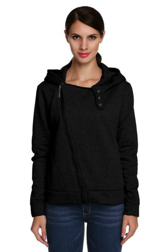 Warm Women Casual Hoodies Diagonal Zipper Long Sleeve Solid Sweatshirts Women Hooded Hoody Tops M0614