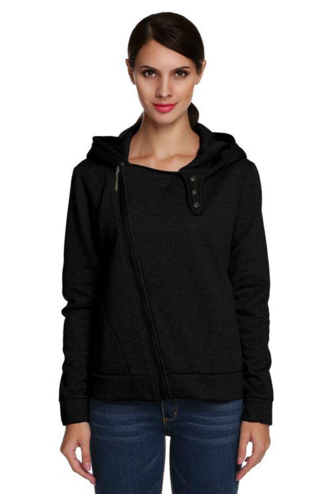 Warm Women Casual Hoodies Diagonal Zipper Long Sleeve Solid Sweatshirts Women Hooded Hoody Tops M0614