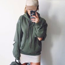 Warm Cut Out Sleeve Casual Hooded Hoodies Tops Holes Long Sleeve Solid Sweatshirts Loose Pullovers For Women M0622