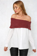 Warm Sexy Slash Neck Contrast Color Long Blouse Slim Knitted Patchwork Tunic Shirts Blusa Women Clothings LX103