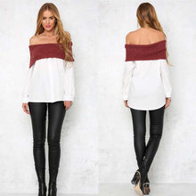 Warm Sexy Slash Neck Contrast Color Long Blouse Slim Knitted Patchwork Tunic Shirts Blusa Women Clothings LX103