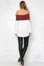Warm Sexy Slash Neck Contrast Color Long Blouse Slim Knitted Patchwork Tunic Shirts Blusa Women Clothings LX103