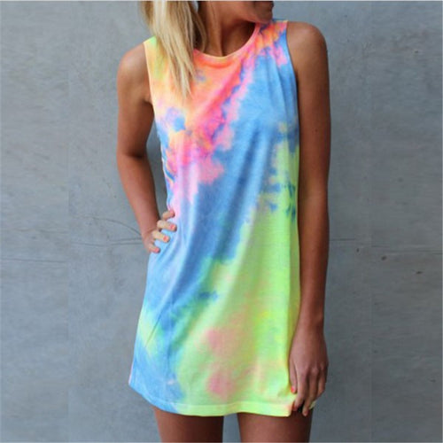 Watercolor Print Dress For Women Big Sizes Cute Mini Dress Sleeveless Vestidos Light Color Sundress Sexy Women Dress