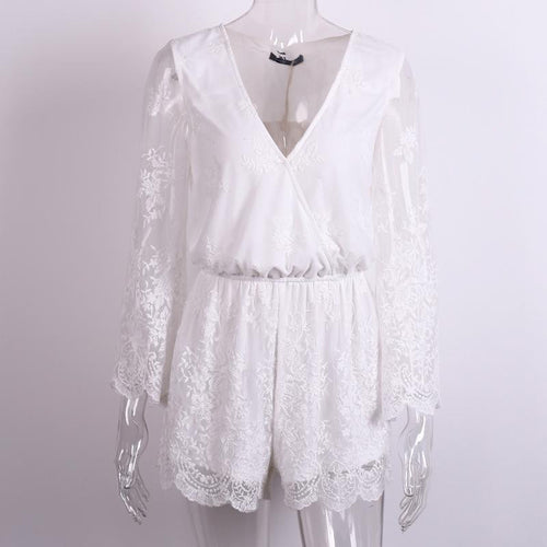 White Lace Embroidery Women Rompers Beach Playsuit Sexy Deep V Neck Jumpsuit Floral Bodysuit Slim Overalls For Women