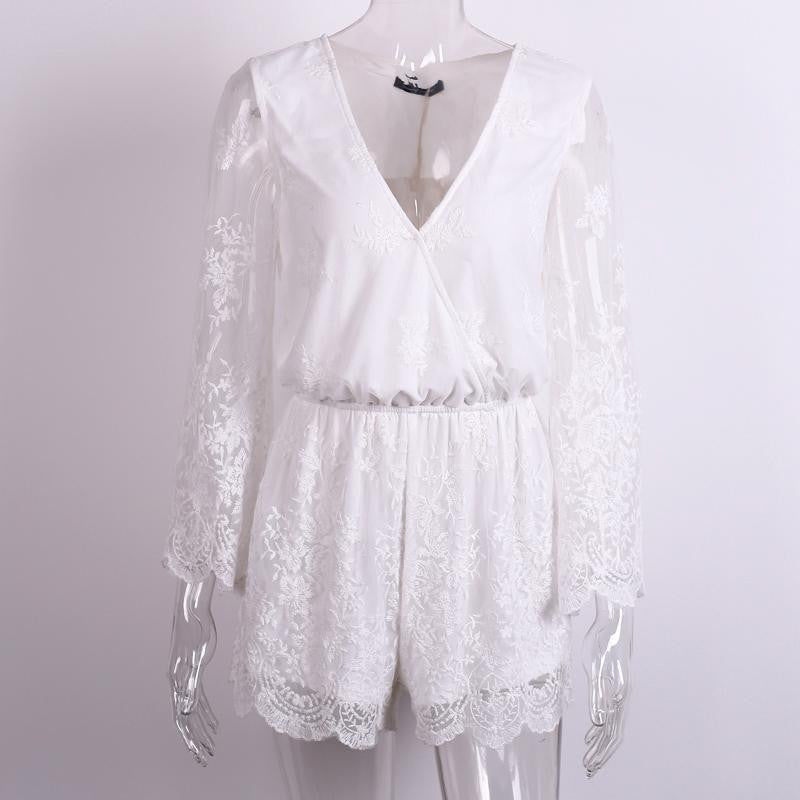 White Lace Embroidery Women Rompers Beach Playsuit Sexy Deep V Neck Jumpsuit Floral Bodysuit Slim Overalls For Women