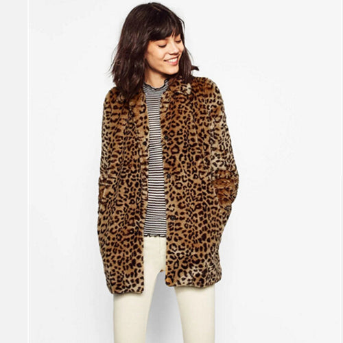 Leopard Pattern Shaggy Furry Faux Fur Coat Woman Keep Warm Lapel Long sleeve Hairy Long Faux Fur Jacket Outwear