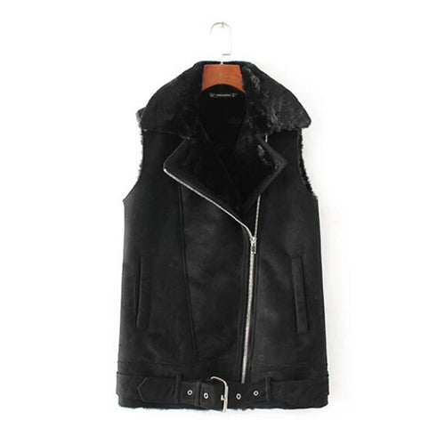 Loose Faux Fur collar Faux Suede Vest Women Adjustable waist Pockets Loose Faux Fur Sleeveless Suit Gilet Waistcoat