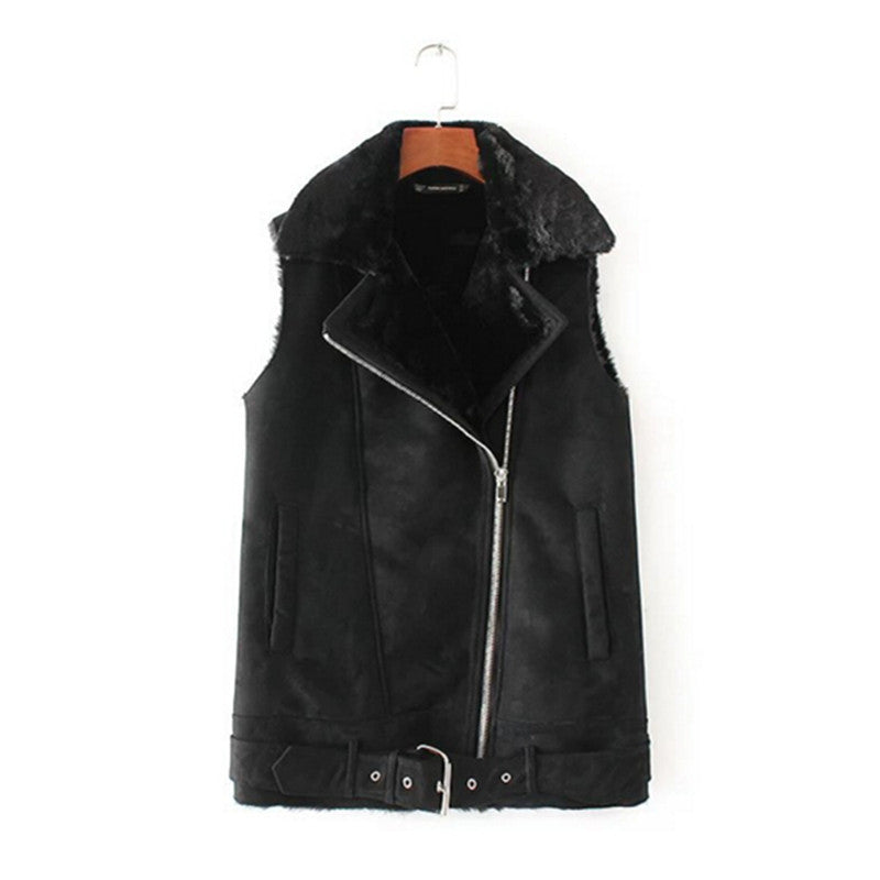 Loose Faux Fur collar Faux Suede Vest Women Adjustable waist Pockets Loose Faux Fur Sleeveless Suit Gilet Waistcoat