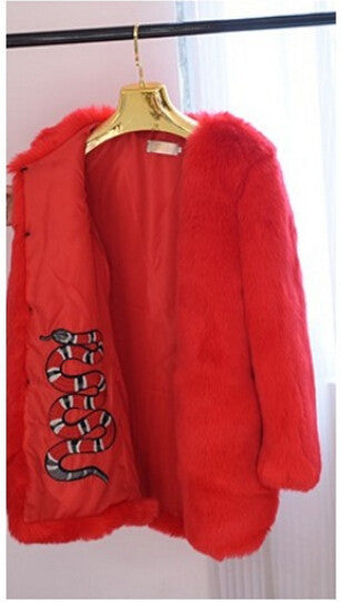 Shaggy Furry Faux Fur Coat Woman Keep Warm Embridery Snake O neck Long sleeve Hairy Long Faux Fur Jacket Outwear