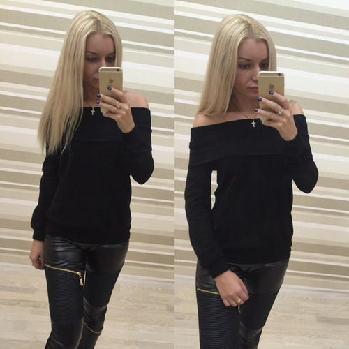 Shirts Tops Full Sleeve Off Shoulder Women's T-Shirt Slash Neck Women's Tops Plus Size Tops&Tees Camisetas LX033