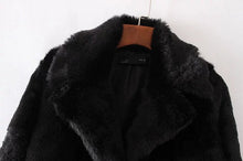 Woman Black Long Hairy Shaggy Faux Fur Coat Lapel Long Sleeve Fuzzy Loose Jacket Outerwear