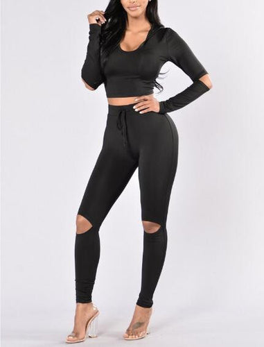 Women 2 piece Long Sleeve Crop Top and Pants Streetwear Bodycon Outfits Sexy Hole Club Wear Sportswear Sets Womens GV457