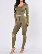 Women 2 piece Long Sleeve Crop Top and Pants Streetwear Bodycon Outfits Sexy Hole Club Wear Sportswear Sets Womens GV457