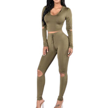 Women 2 piece Long Sleeve Crop Top and Pants Streetwear Bodycon Outfits Sexy Hole Club Wear Sportswear Sets Womens GV457