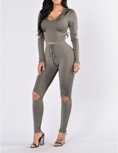 Women 2 piece Long Sleeve Crop Top and Pants Streetwear Bodycon Outfits Sexy Hole Club Wear Sportswear Sets Womens GV457