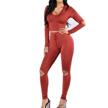 Women 2 piece Long Sleeve Crop Top and Pants Streetwear Bodycon Outfits Sexy Hole Club Wear Sportswear Sets Womens GV457