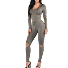 Women 2 piece Long Sleeve Crop Top and Pants Streetwear Bodycon Outfits Sexy Hole Club Wear Sportswear Sets Womens GV457