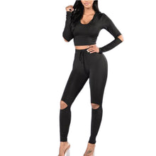 Women 2 piece Long Sleeve Crop Top and Pants Streetwear Bodycon Outfits Sexy Hole Club Wear Sportswear Sets Womens GV457