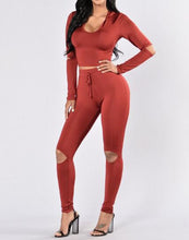 Women 2 piece Long Sleeve Crop Top and Pants Streetwear Bodycon Outfits Sexy Hole Club Wear Sportswear Sets Womens GV457